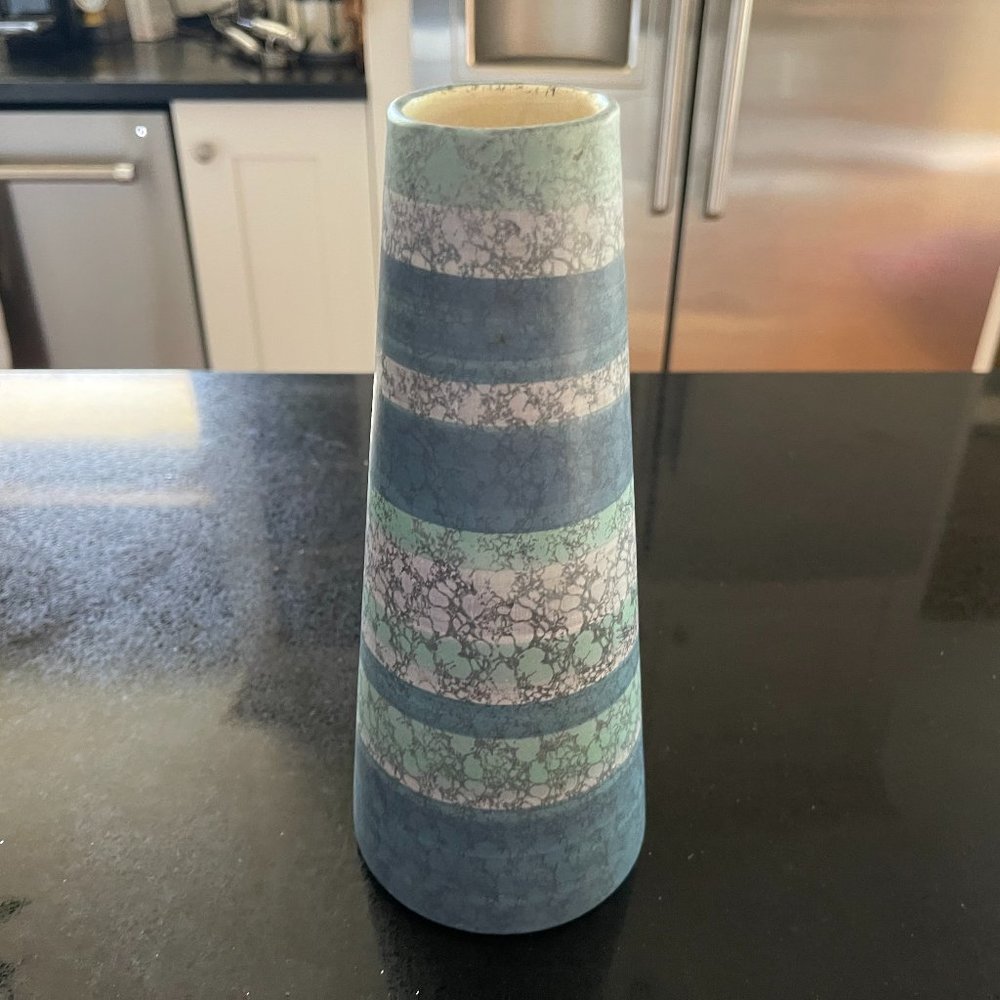 Mid Century Madeline Originals Blue Teal Stripe Sponge Pottery Vase - 9"H